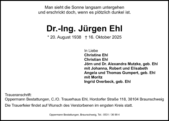 Traueranzeige von Jürgen Ehl von Peiner Allgemeine Zeitung