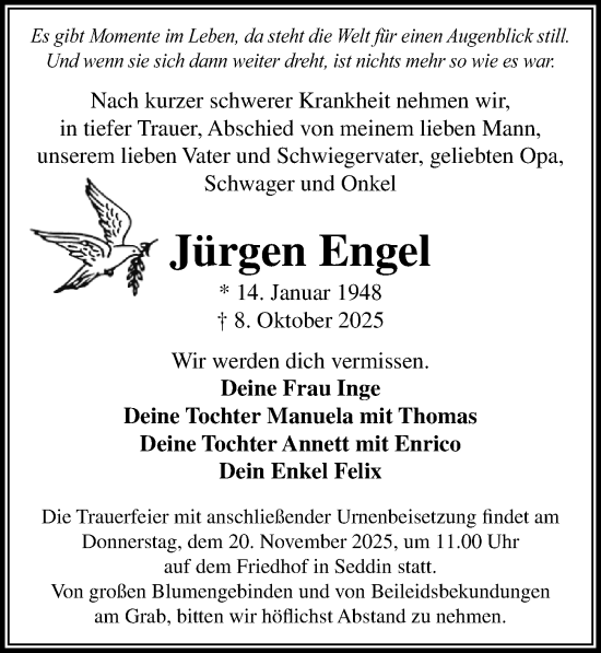 Traueranzeige von Jürgen Engel von Märkischen Allgemeine Zeitung