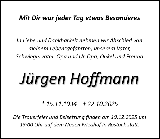 Traueranzeige von Jürgen Hoffmann von Ostsee-Zeitung GmbH