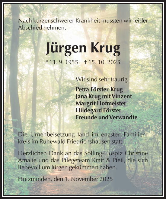 Traueranzeige von Jürgen Krug von Täglicher Anzeiger Holzminden