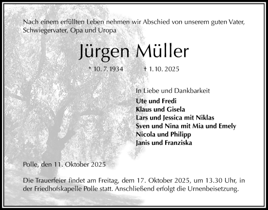 Traueranzeige von Jürgen Müller von Täglicher Anzeiger Holzminden