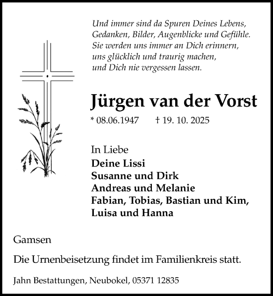 Traueranzeige von Jürgen van der Vorst von Aller Zeitung