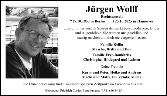 Traueranzeige von Jürgen Wolff von Hannoversche Allgemeine Zeitung/Neue Presse