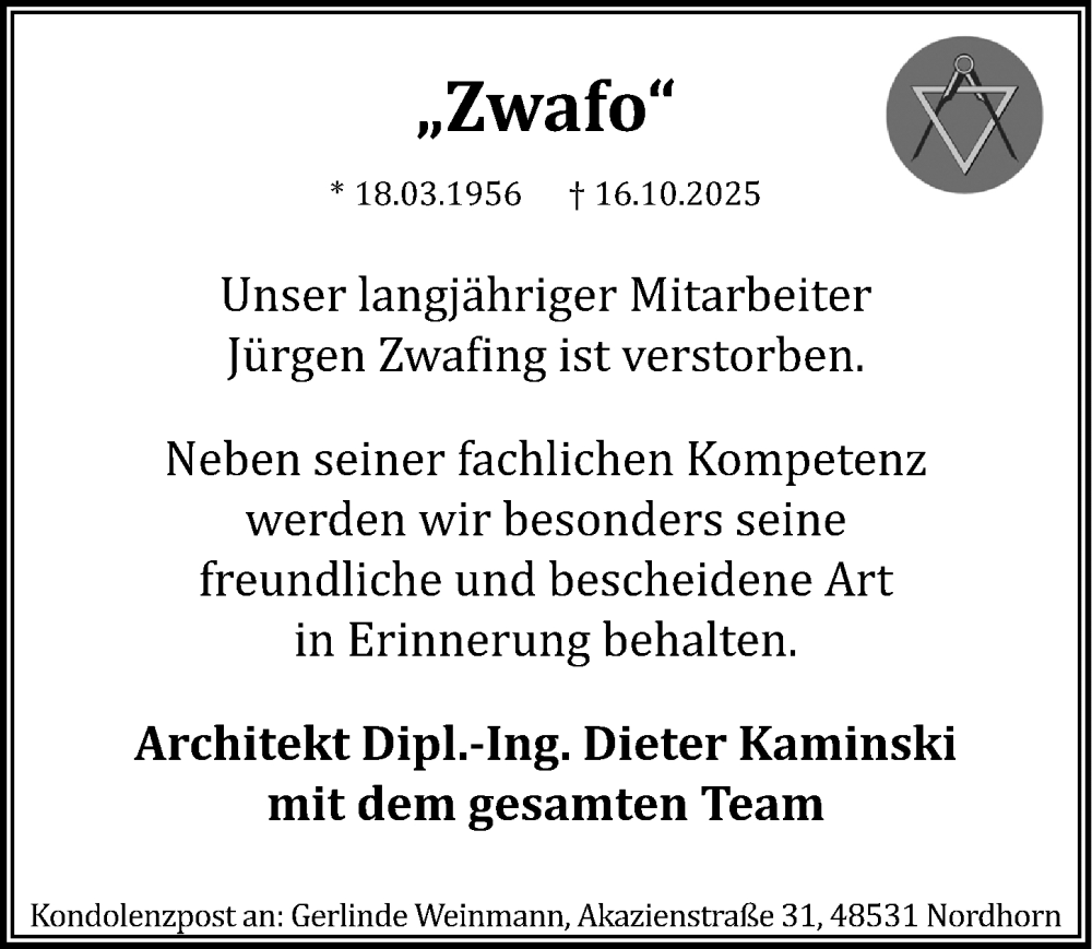  Traueranzeige für Jürgen Zwaning vom 25.10.2025 aus Die Harke