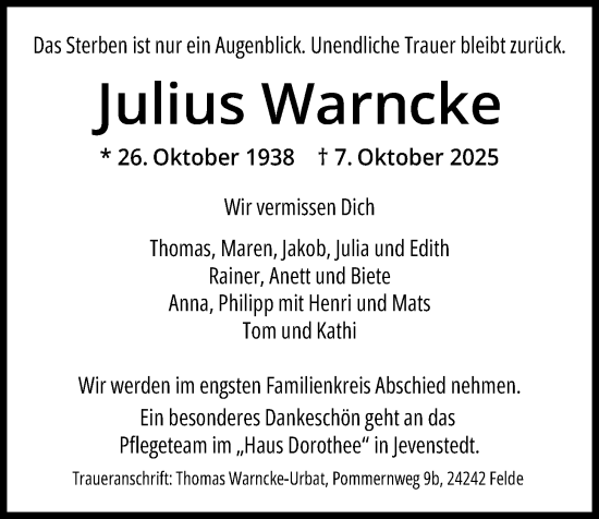 Traueranzeige von Julius Warncke von Kieler Nachrichten