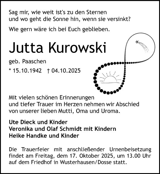Traueranzeige von Jutta Kurowski von Wochenspiegel