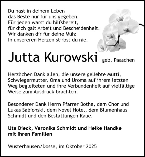 Traueranzeige von Jutta Kurowski von Wochenspiegel
