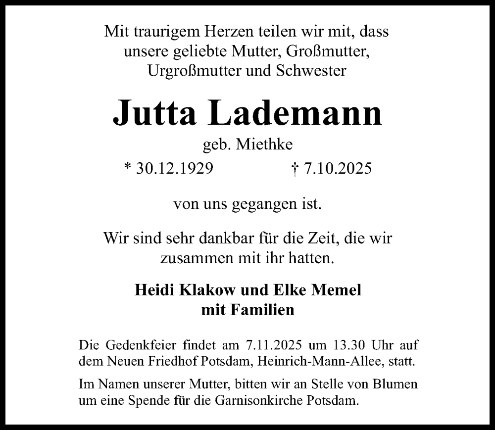  Traueranzeige für Jutta Lademann vom 18.10.2025 aus Märkischen Allgemeine Zeitung