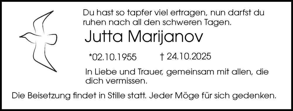  Traueranzeige für Jutta Marijanov vom 01.11.2025 aus Hannoversche Allgemeine Zeitung/Neue Presse