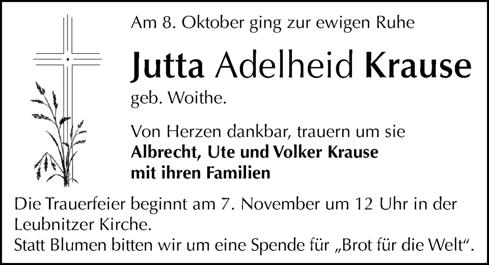  Traueranzeige für Jutta Adelheid Krause vom 18.10.2025 aus Sächsische Zeitung