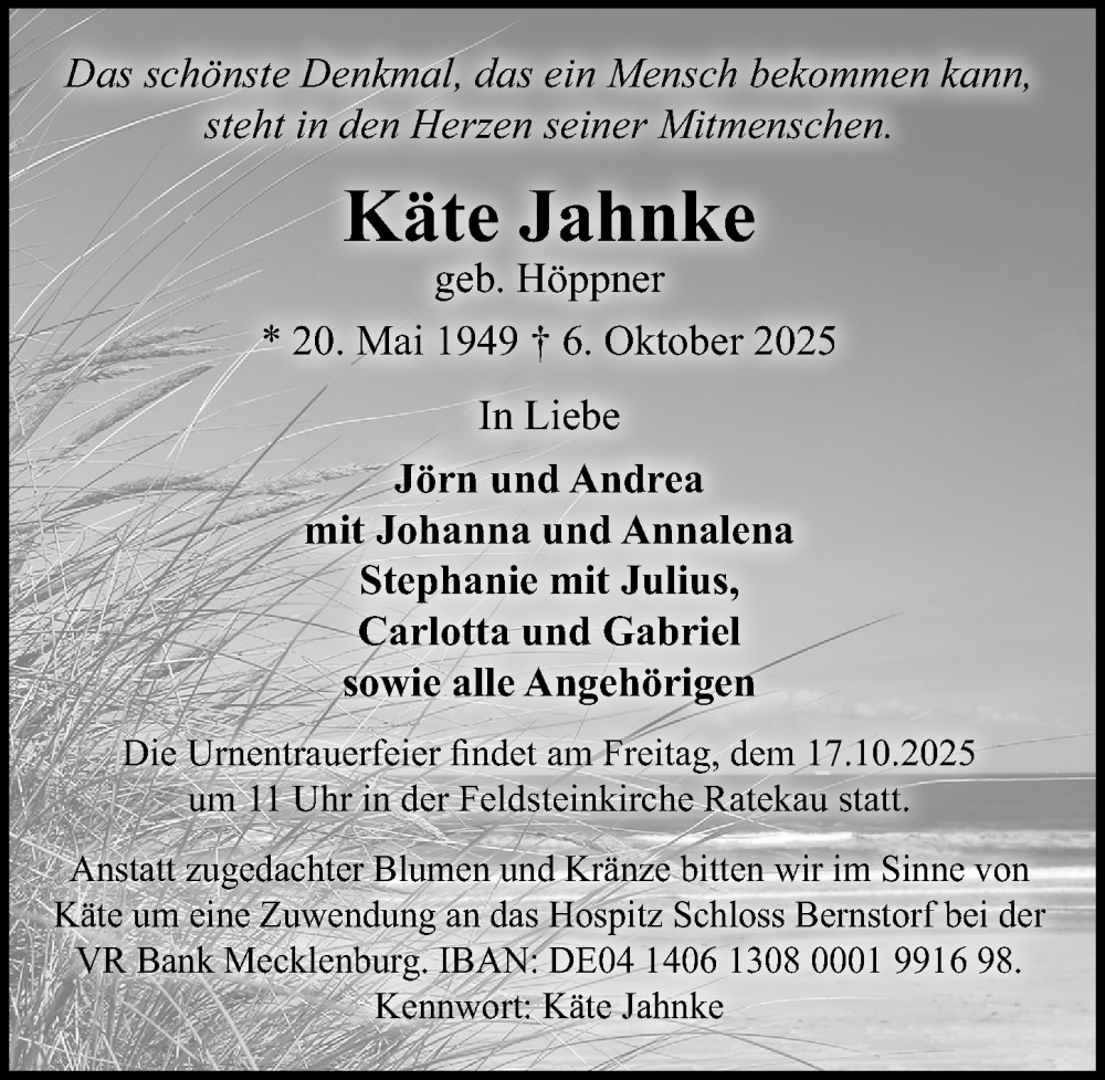  Traueranzeige für Käte Jahnke vom 12.10.2025 aus Lübecker Nachrichten