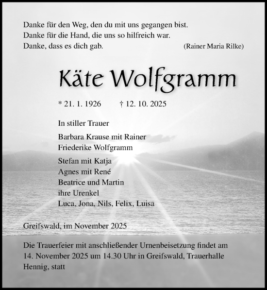 Traueranzeige von Käte Wolfgramm von Ostsee-Zeitung GmbH