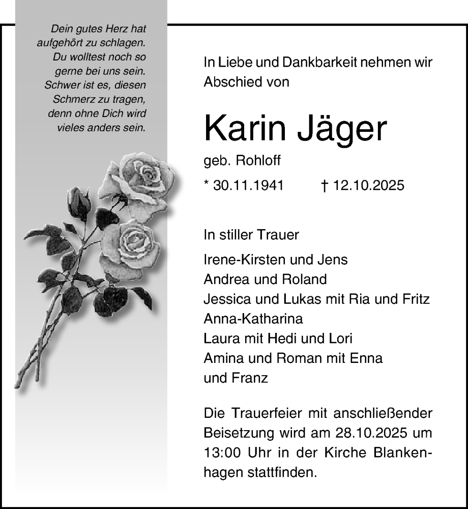  Traueranzeige für Karin Jäger vom 25.10.2025 aus Ostsee-Zeitung GmbH
