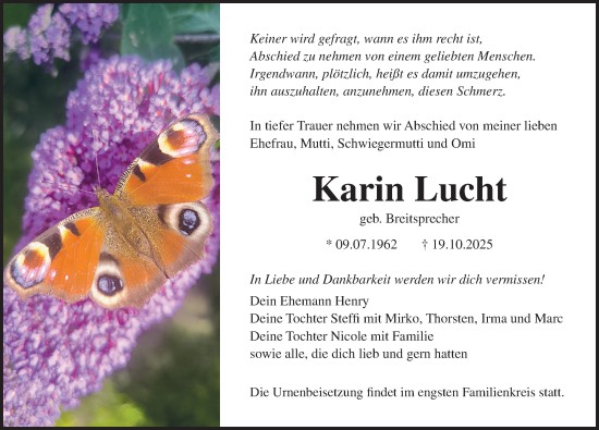 Traueranzeige von Karin Lucht von Ostsee-Zeitung GmbH