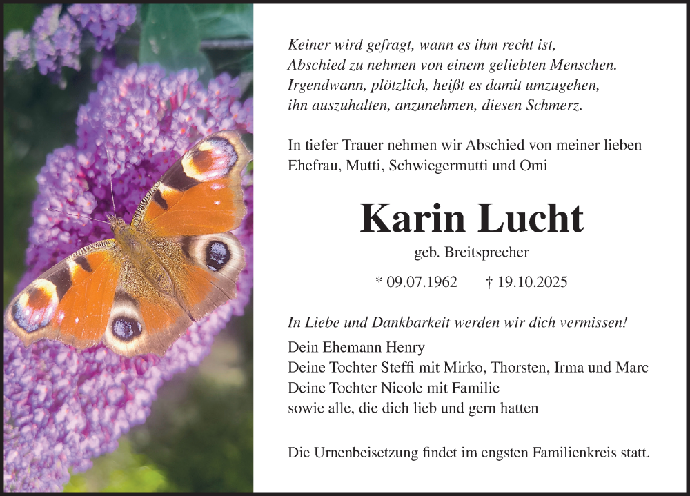  Traueranzeige für Karin Lucht vom 01.11.2025 aus Ostsee-Zeitung GmbH