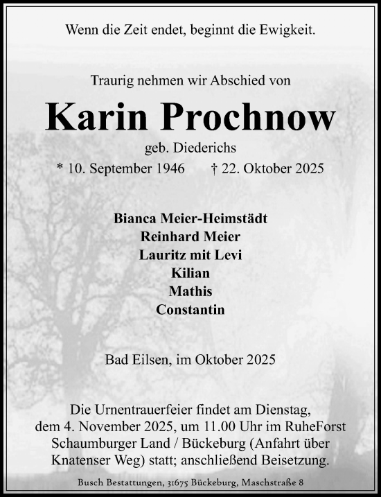 Traueranzeige von Karin Prochnow von Schaumburger Nachrichten