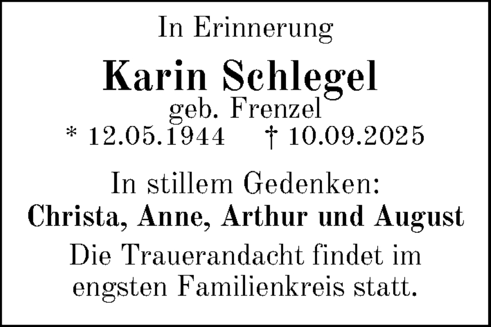  Traueranzeige für Karin Schlegel vom 18.10.2025 aus Sächsische Zeitung