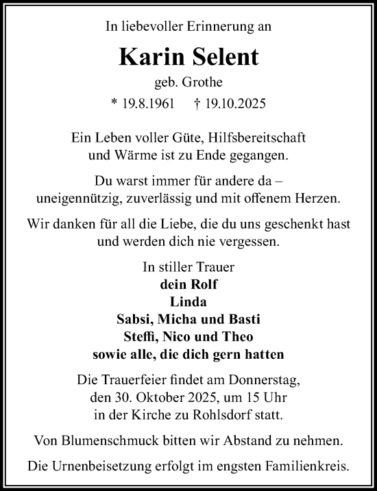 Traueranzeige von Karin Selent von Wochenspiegel