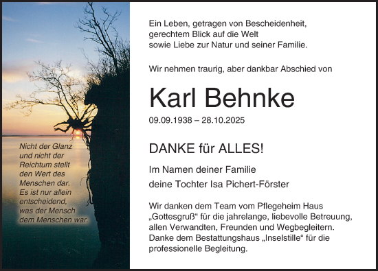 Traueranzeige von Karl Behnke von Ostsee-Zeitung GmbH