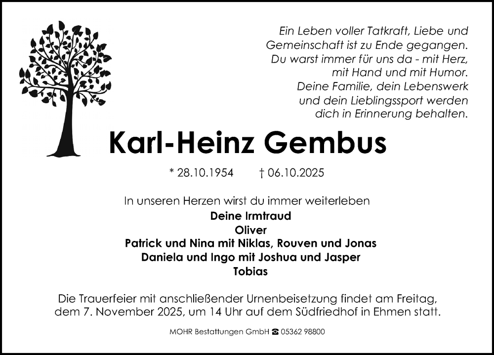  Traueranzeige für Karl-Heinz Gembus vom 18.10.2025 aus Aller Zeitung