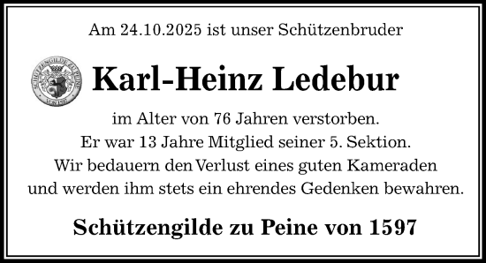 Traueranzeige von Karl-Heinz Ledebur von Peiner Allgemeine Zeitung