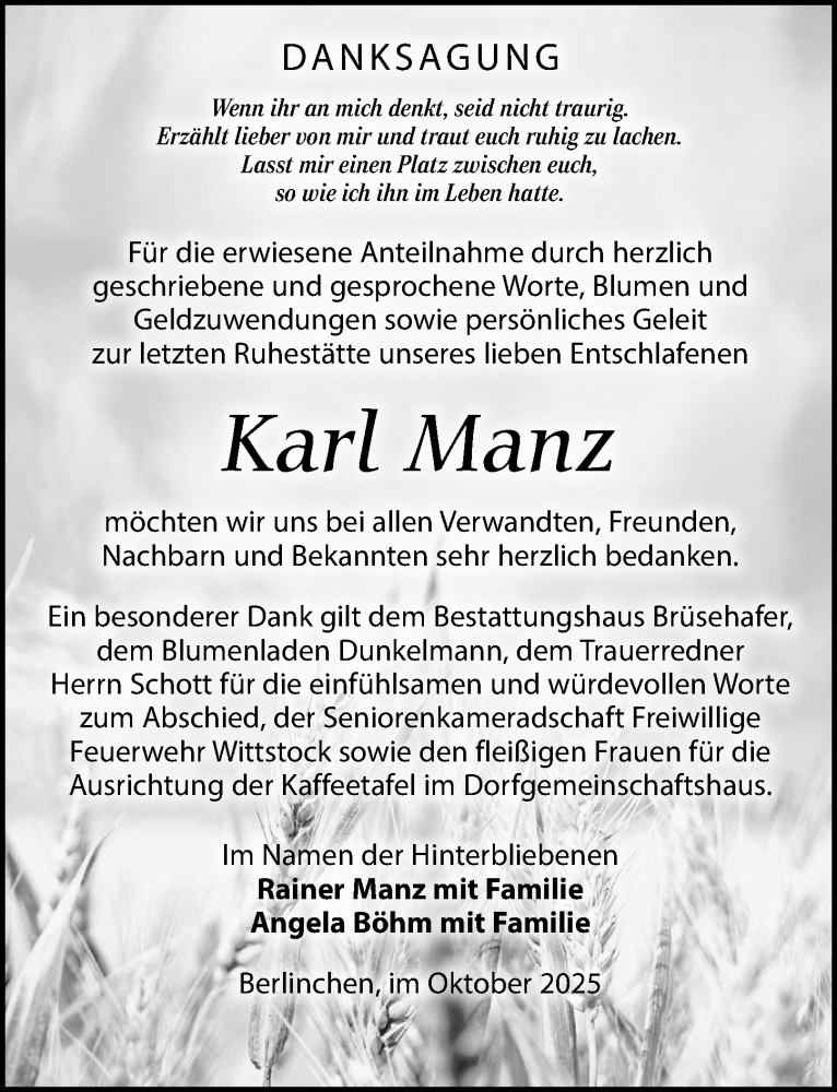  Traueranzeige für Karl Manz vom 11.10.2025 aus Wochenspiegel