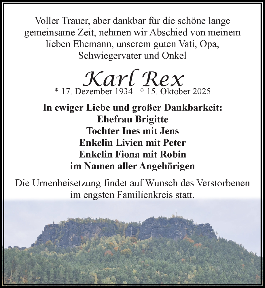  Traueranzeige für Karl Rex vom 25.10.2025 aus Sächsische Zeitung