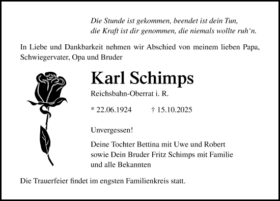 Traueranzeige von Karl Schimps von Ostsee-Zeitung GmbH