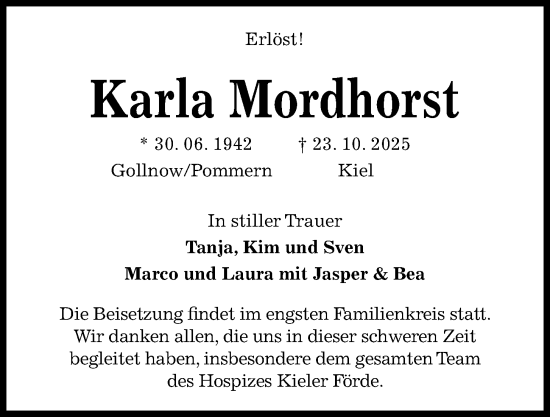 Traueranzeige von Karla Mordhorst von Kieler Nachrichten