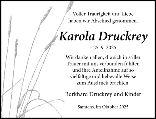 Traueranzeige von Karola Druckrey von Ostsee-Zeitung GmbH