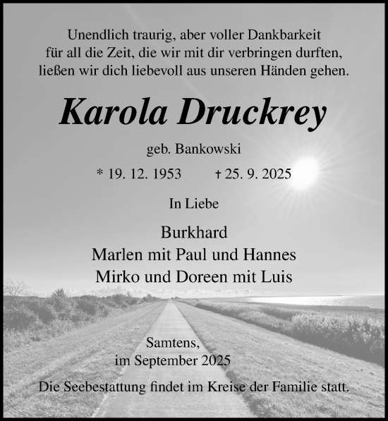 Traueranzeige von Karola Druckrey von Ostsee-Zeitung GmbH