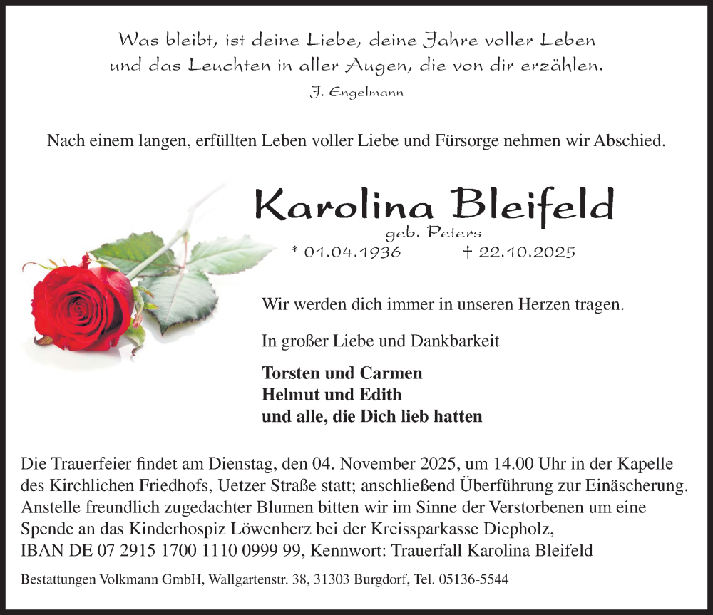  Traueranzeige für Karolina Bleifeld vom 01.11.2025 aus Hannoversche Allgemeine Zeitung/Neue Presse