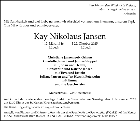 Traueranzeige von Kay Nikolaus Jansen von Lübecker Nachrichten