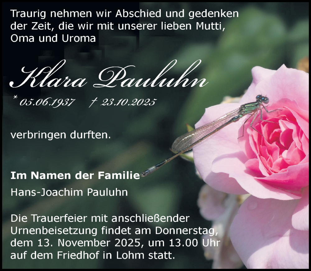  Traueranzeige für Klara Pauluhn vom 01.11.2025 aus Wochenspiegel