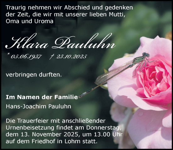 Traueranzeige von Klara Pauluhn von Wochenspiegel