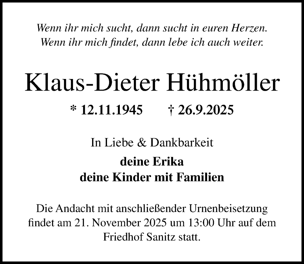  Traueranzeige für Klaus-Dieter Hühmöller vom 01.11.2025 aus Ostsee-Zeitung GmbH