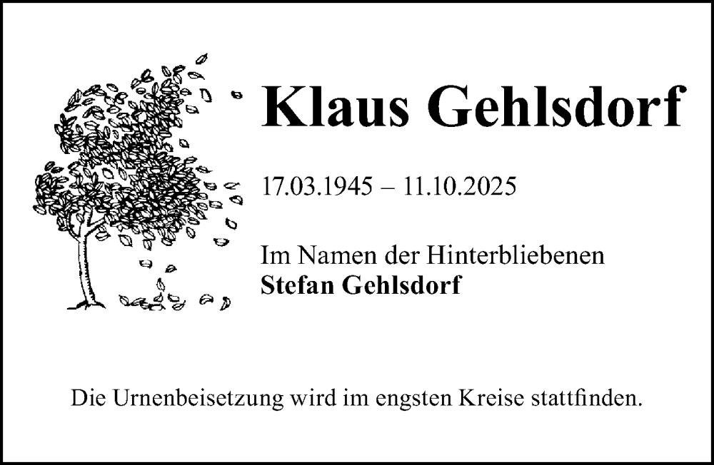  Traueranzeige für Klaus Gehlsdorf vom 19.10.2025 aus Lübecker Nachrichten