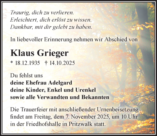 Traueranzeige von Klaus Grieger von Wochenspiegel