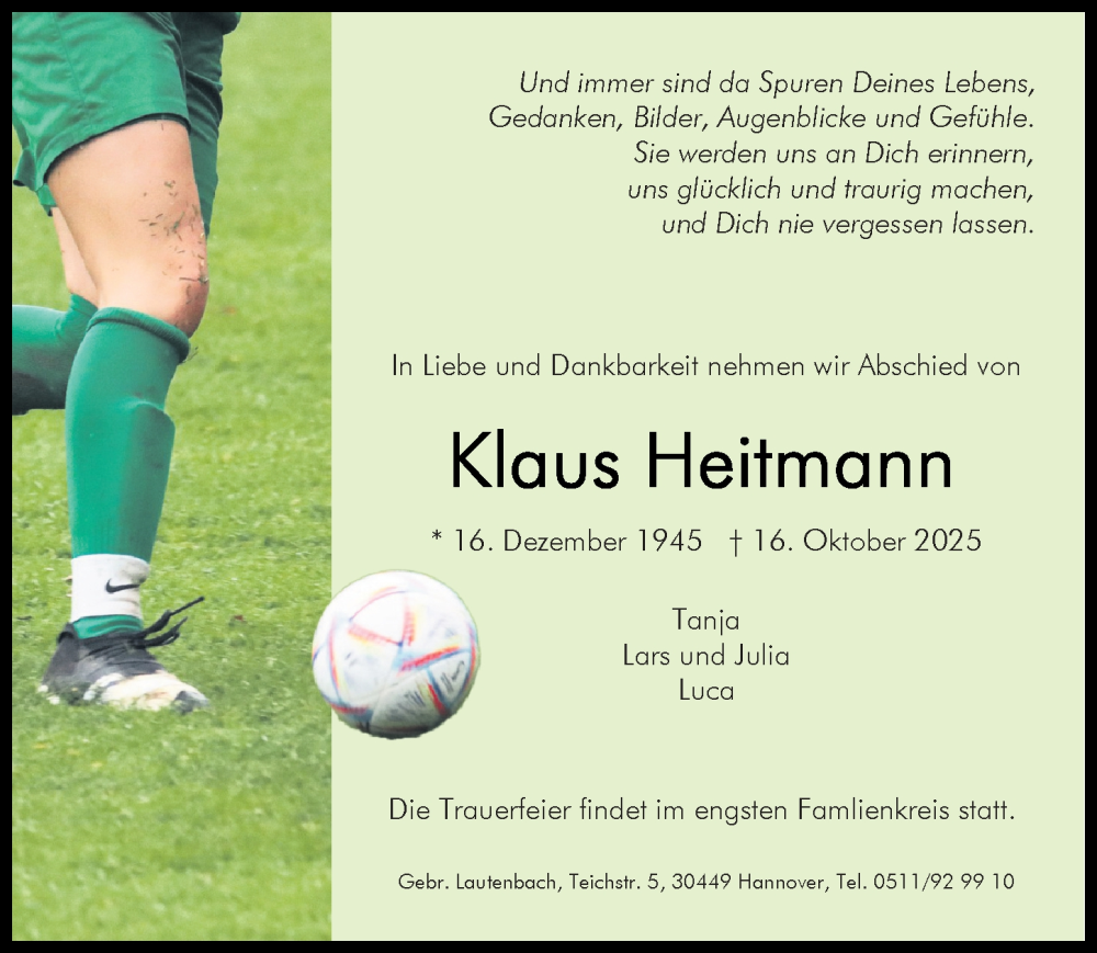  Traueranzeige für Klaus Heitmann vom 25.10.2025 aus Hannoversche Allgemeine Zeitung/Neue Presse