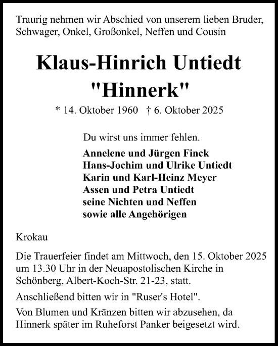 Traueranzeige von Klaus-Hinrich Untiedt von Kieler Nachrichten