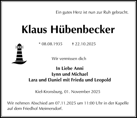 Traueranzeige von Klaus Hübenbecker von Kieler Nachrichten