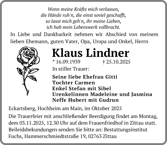 Traueranzeige von Klaus Lindner von Sächsische Zeitung