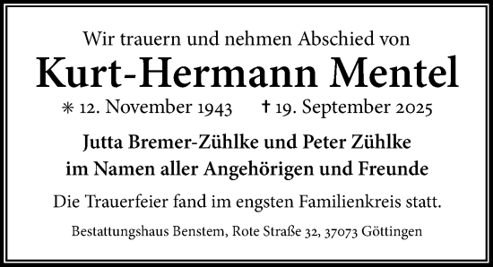 Traueranzeige von Kurt-Hermann Mentel von Göttinger Tageblatt