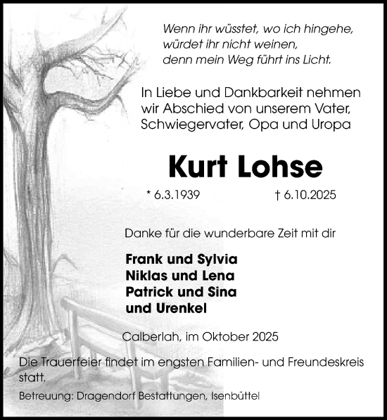 Traueranzeige von Kurt Lohse von Aller Zeitung