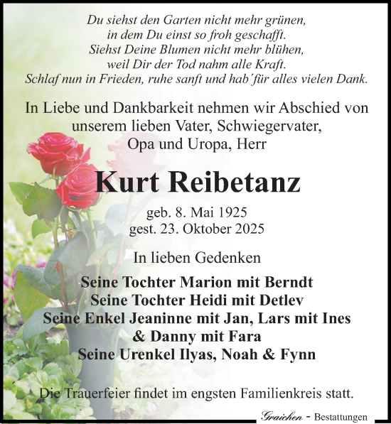 Traueranzeige von Kurt Reibetanz von Sächsische Zeitung