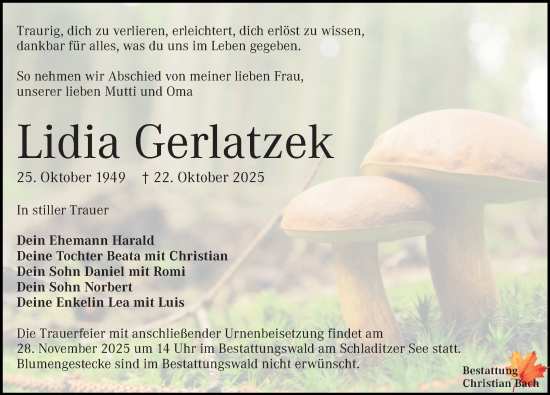 Traueranzeige von Lidia Gerlatzek von Leipziger Volkszeitung