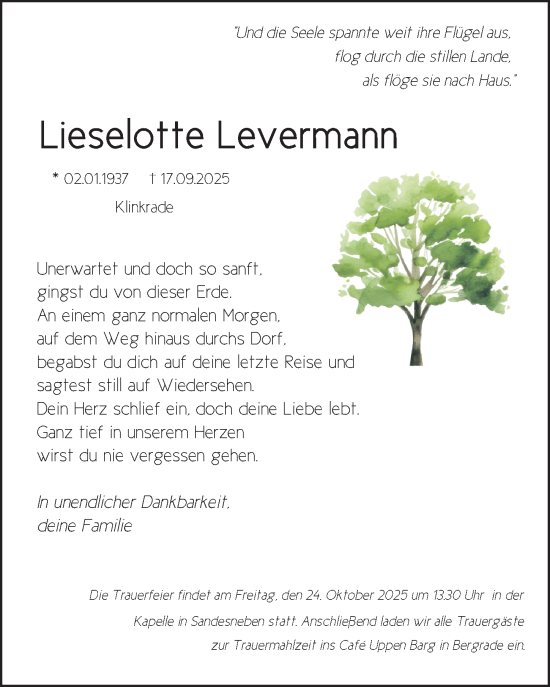 Traueranzeige von Lieselotte Levermann von Lübecker Nachrichten