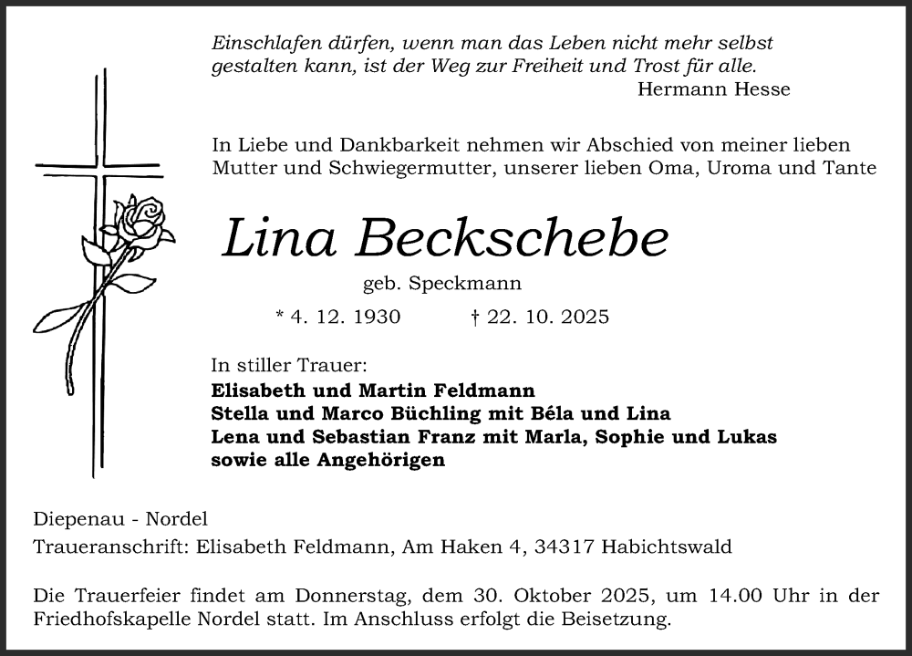  Traueranzeige für Lina Beckschebe vom 25.10.2025 aus Die Harke