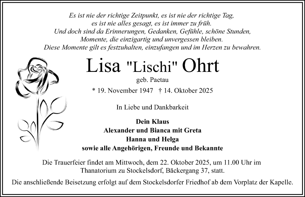  Traueranzeige für Lisa Ohrt vom 19.10.2025 aus Lübecker Nachrichten