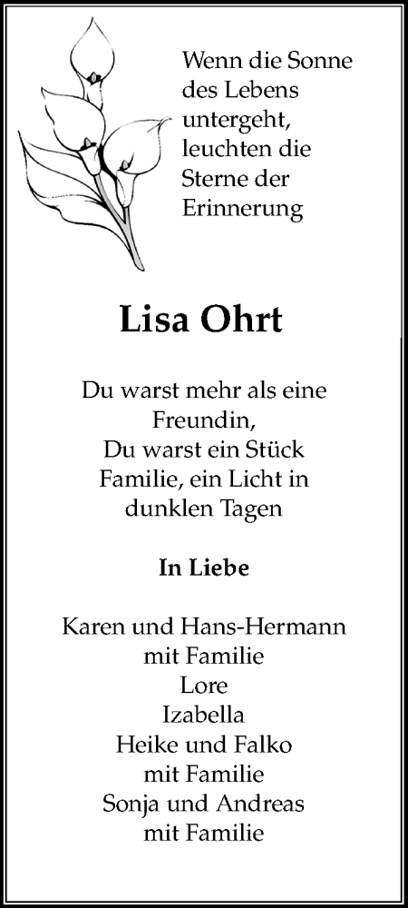  Traueranzeige für Lisa Ohrt vom 19.10.2025 aus Lübecker Nachrichten